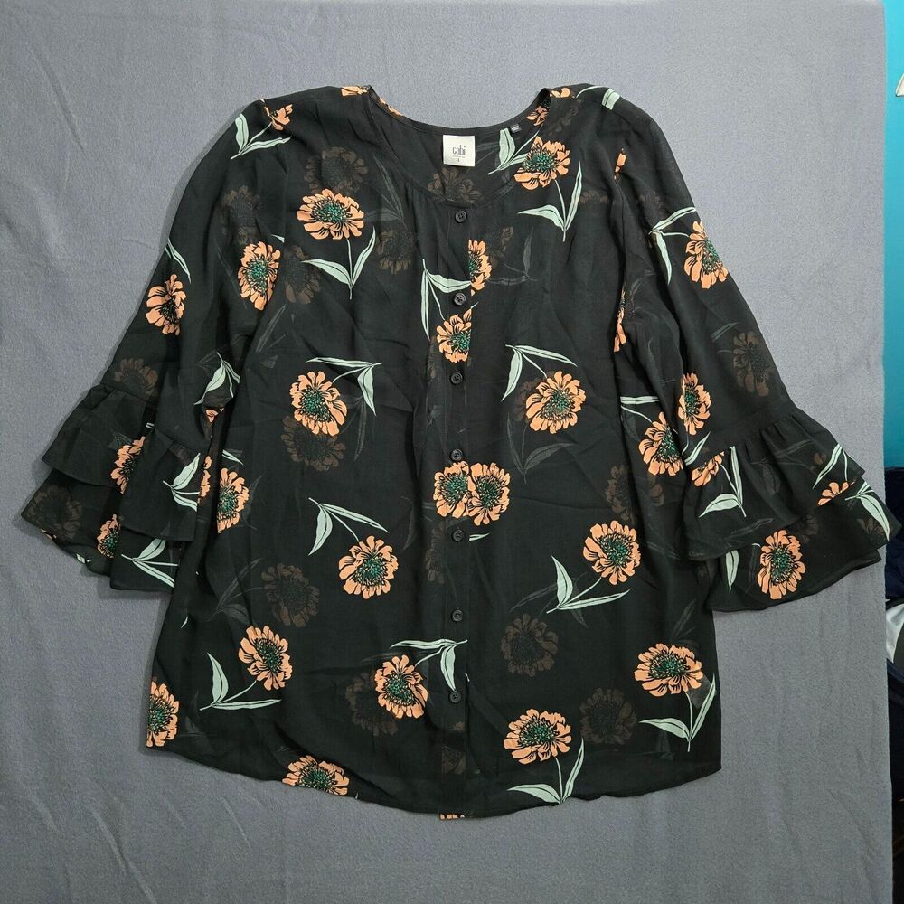 Cabi Blouse Women Large La Di Da Black Floral Bell Sleeve Boho Top Sheer